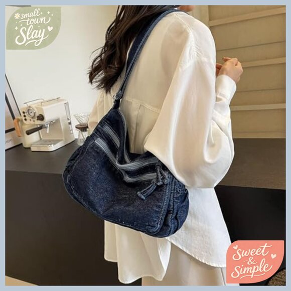 Denim Hobo Shoulder Bag with Adjustable Strap, Zipper Closure, Multiple Pockets - Picture 3 of 7